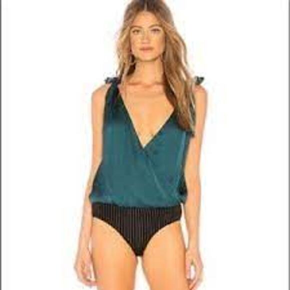 MISA Satin Bodysuit Plunging Neck Tie Shoulder Emerald Green Women Medium - Picture 1 of 13